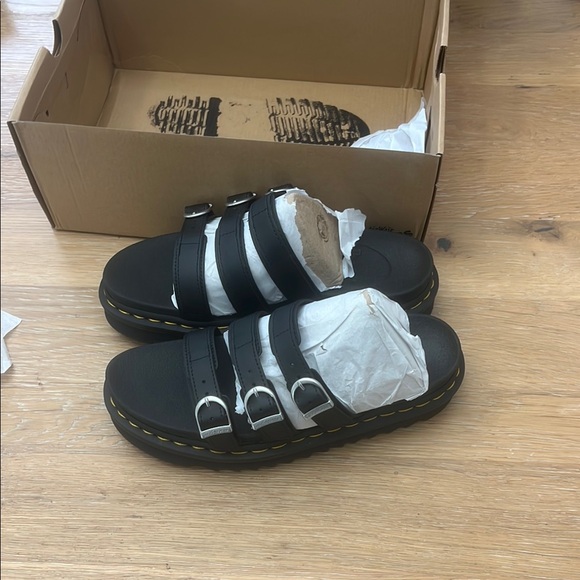 Dr. Martens Blaire Slide Black Triple Buckle Sandals - Picture 3 of 7
